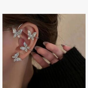 Butterfly Ear Cuffs Two Piece Set Silver Metal and CZ